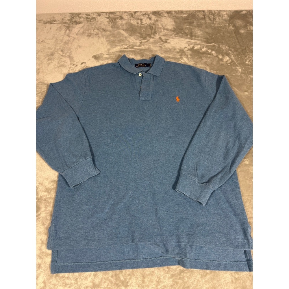 Polo Ralph Lauren Mens Long Sleeve Polo Shirt Blue Orange Pony Logo Large
